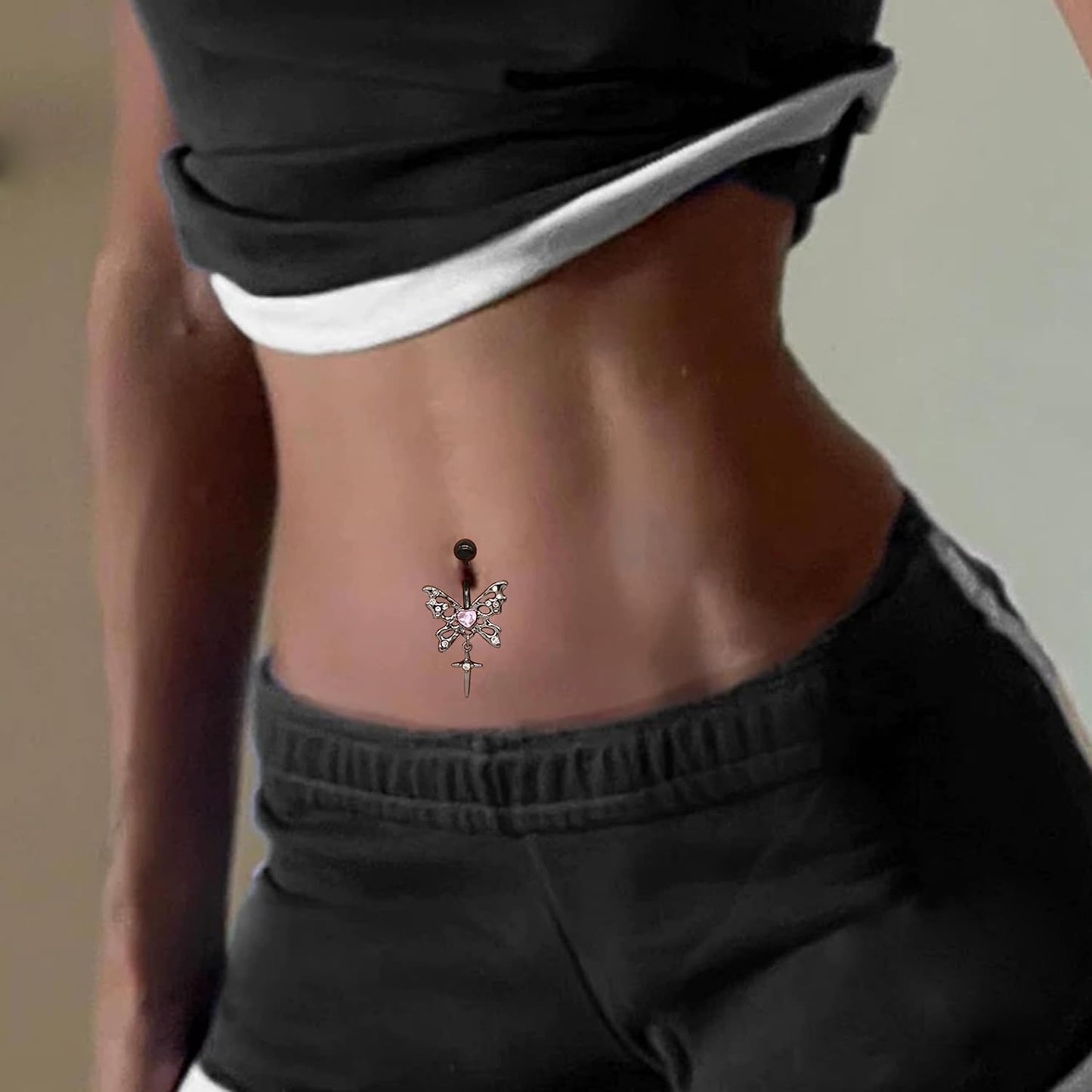 14G Black Pink Butterfly Belly Ring Dangle Belly Button Piercings Navel Rings 316L Surgical Steel Belly Piercing Jewellery Body Jewellery