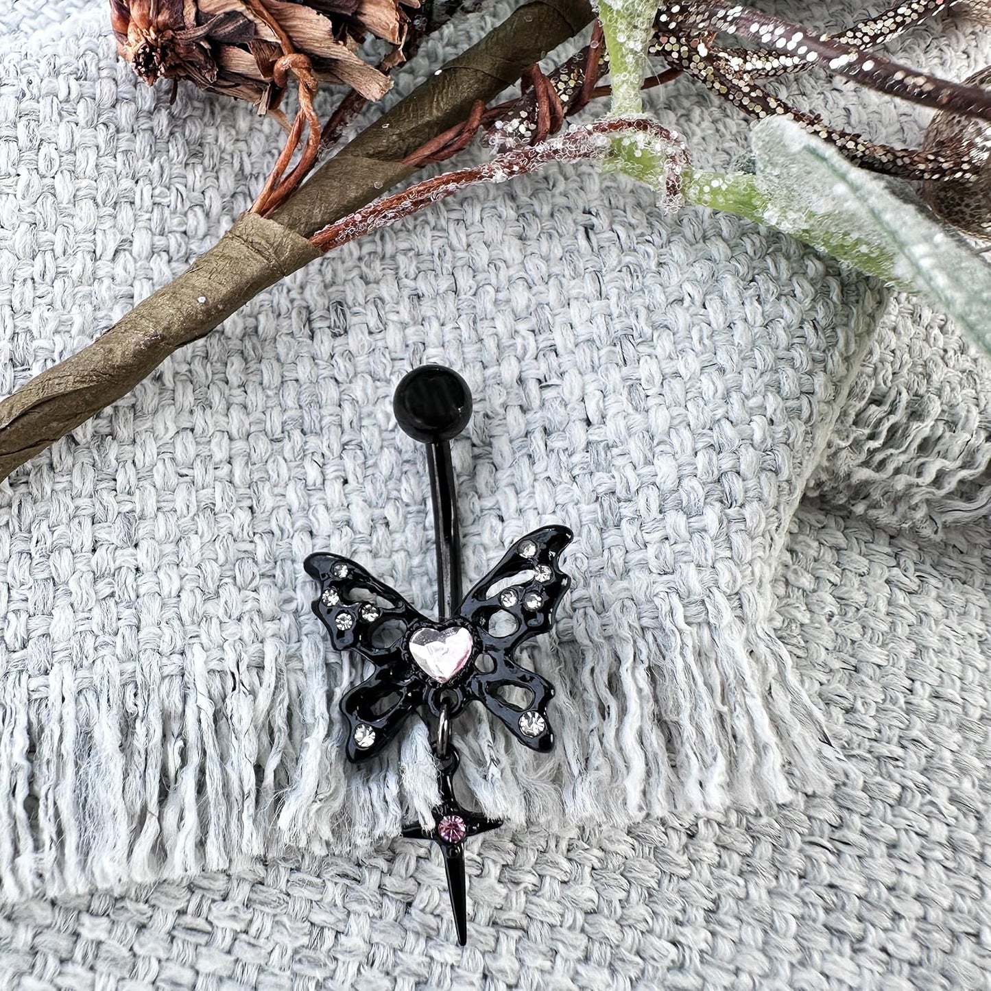 14G Black Pink Butterfly Belly Ring Dangle Belly Button Piercings Navel Rings 316L Surgical Steel Belly Piercing Jewellery Body Jewellery