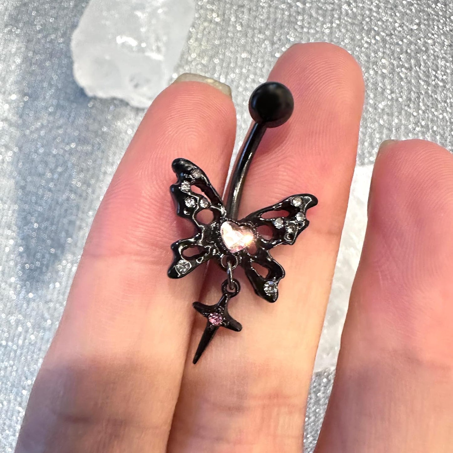 14G Black Pink Butterfly Belly Ring Dangle Belly Button Piercings Navel Rings 316L Surgical Steel Belly Piercing Jewellery Body Jewellery