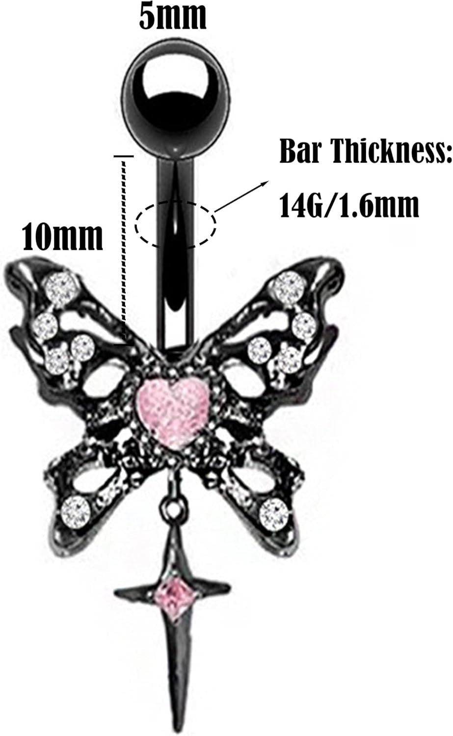 14G Black Pink Butterfly Belly Ring Dangle Belly Button Piercings Navel Rings 316L Surgical Steel Belly Piercing Jewellery Body Jewellery